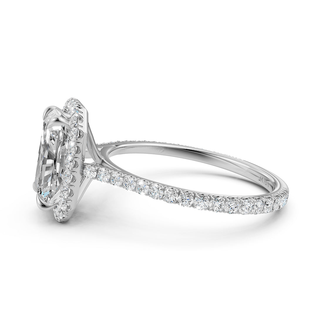 French U Pave Set Halo Diamond Radiant Engagement Ring 14k White Gold.