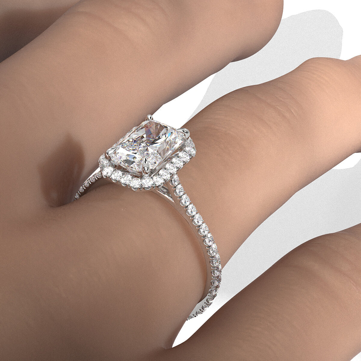 French U Pave Set Halo Diamond Radiant Engagement Ring 14k White Gold.