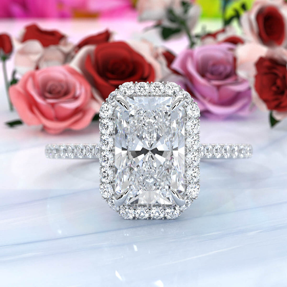 French U Pave Set Halo Diamond Radiant Engagement Ring 14k White Gold.