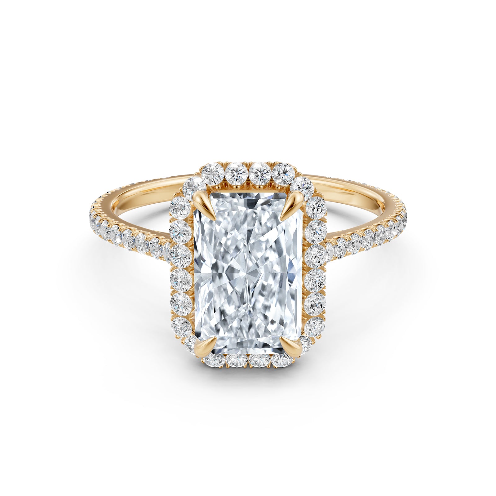 French U Pave Set Halo Diamond Radiant Engagement Ring 14k White Gold.