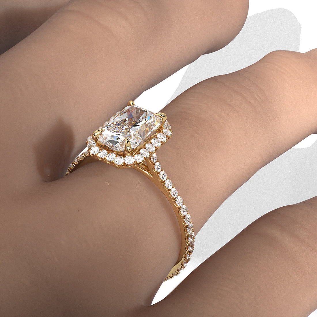 French U Pave Set Halo Diamond Radiant Engagement Ring 14k White Gold.