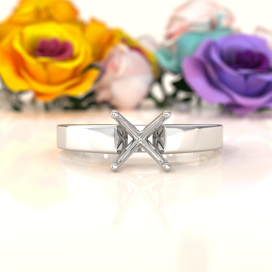 4g Cathedral Style Flat Edge Solitaire Semi Mount Engagement Ring Setting 3.5mm