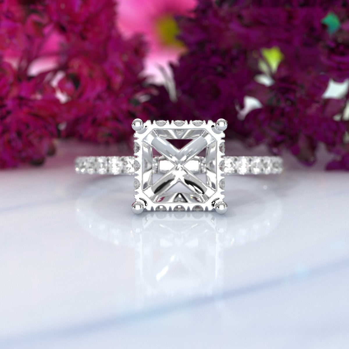 Hidden Halo French U Cut Pave Set Semi Mount Lab Grown Diamond Engagement Ring 0.60Ct.