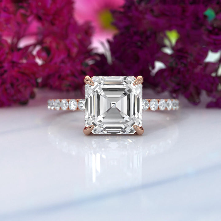 Hidden Halo French U Cut Pave Set Asscher Lab Grown Diamond Engagement Ring