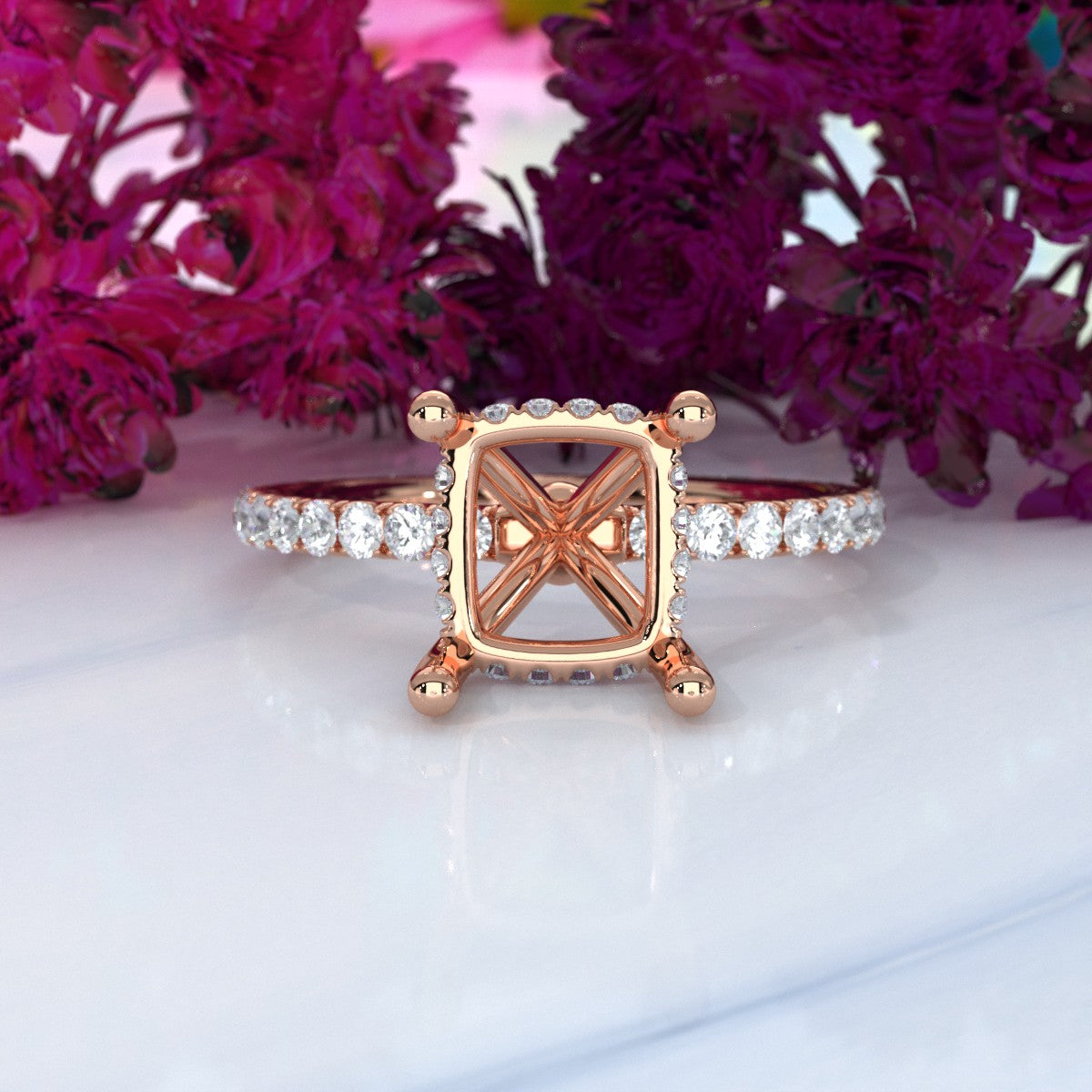 Hidden Halo French U Cut Pave Set Semi Mount Lab Grown Diamond Engagement Ring 0.60Ct.