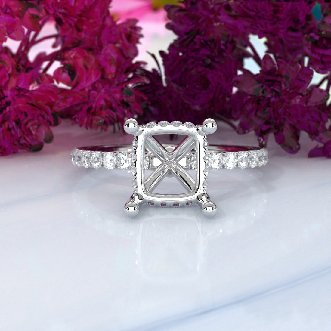 Hidden Halo French U Cut Pave Set Semi Mount Lab Grown Diamond Engagement Ring 0.60Ct.