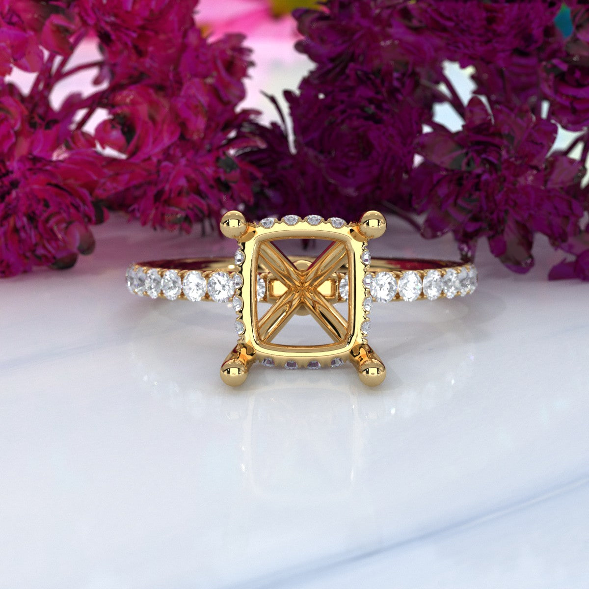 Hidden Halo French U Cut Pave Set Semi Mount Lab Grown Diamond Engagement Ring 0.60Ct.