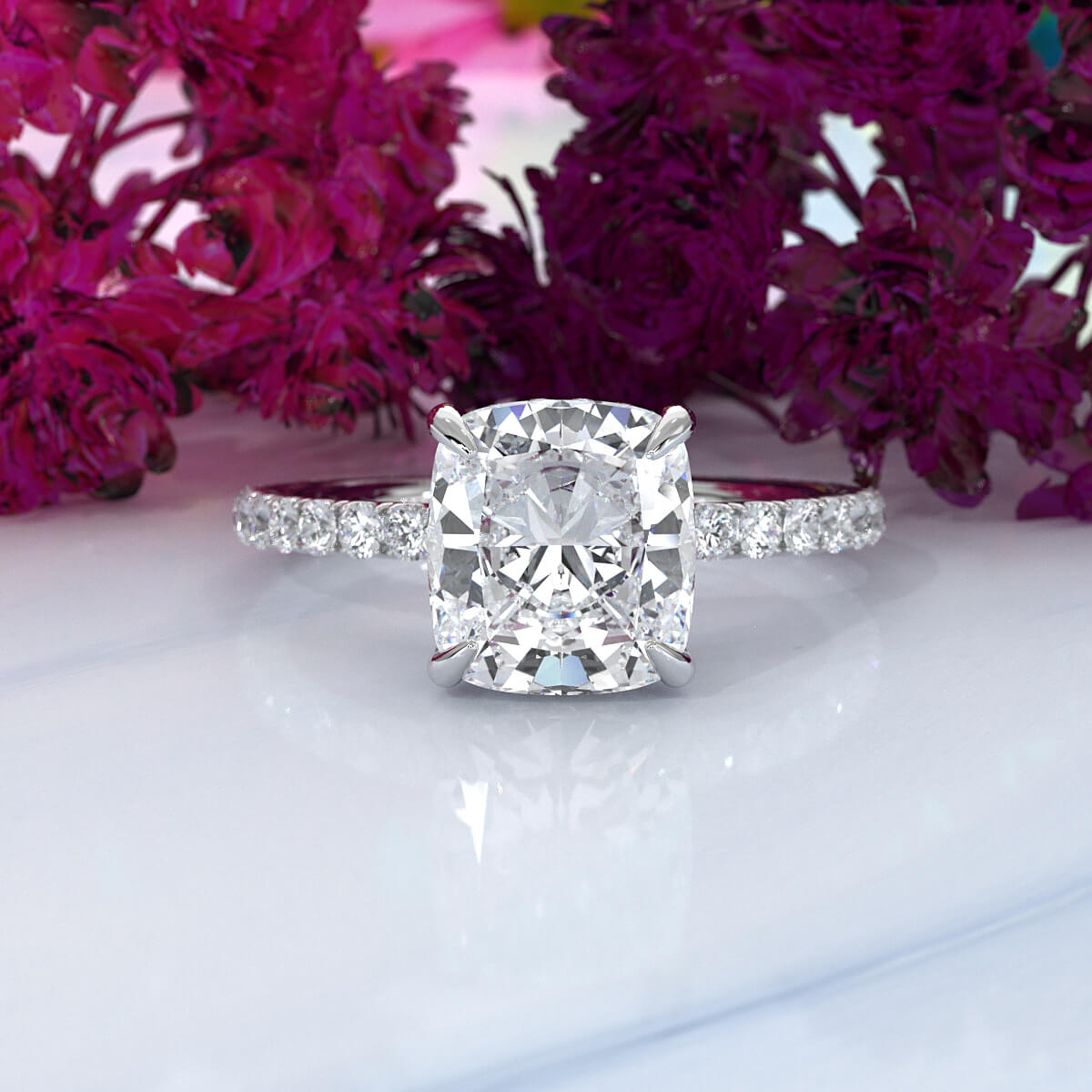 Hidden Halo French U Cut Pave Set Cushion Lab Grown Diamond Engagement Ring