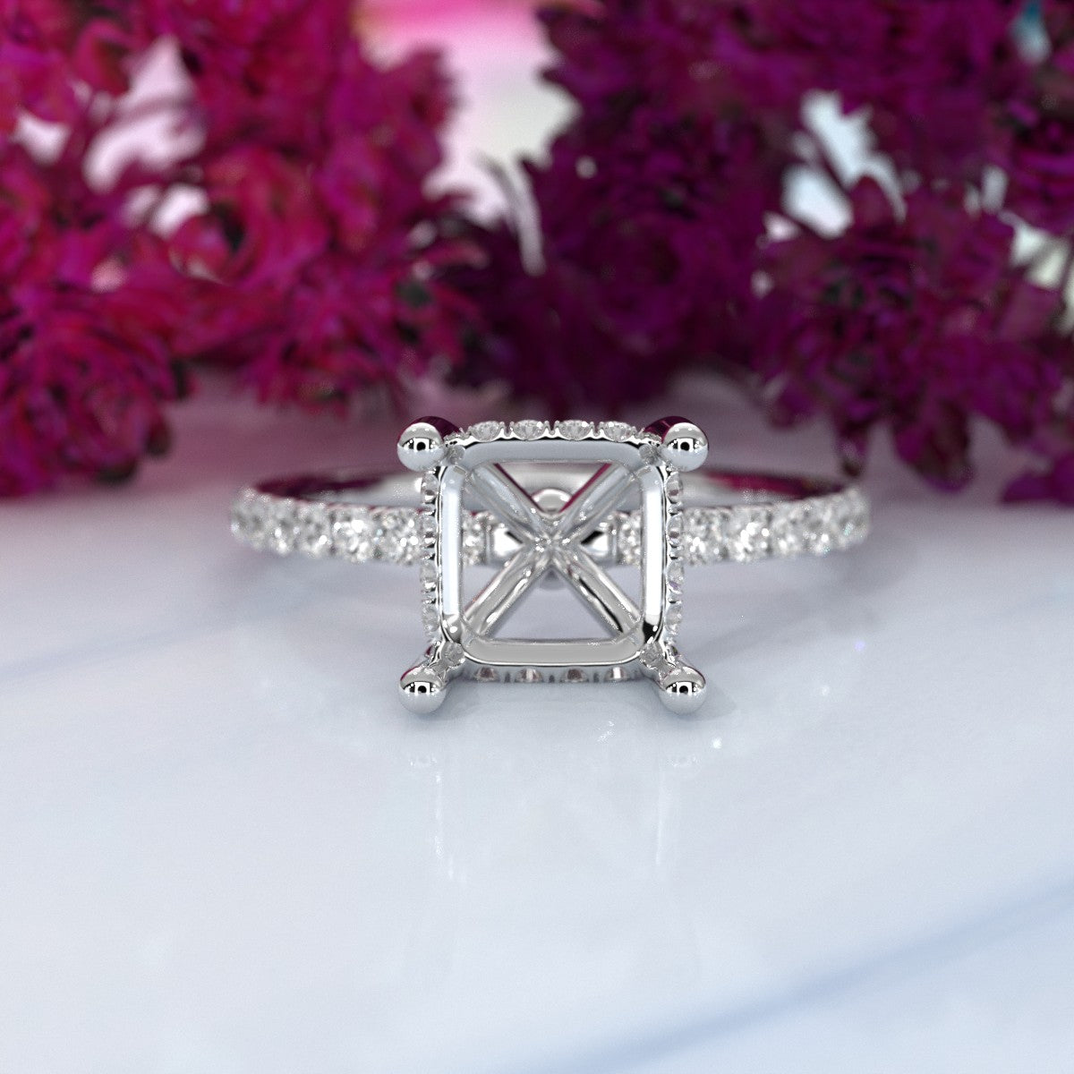 Hidden Halo French U Cut Pave Set Semi Mount Lab Grown Diamond Engagement Ring 0.60Ct.