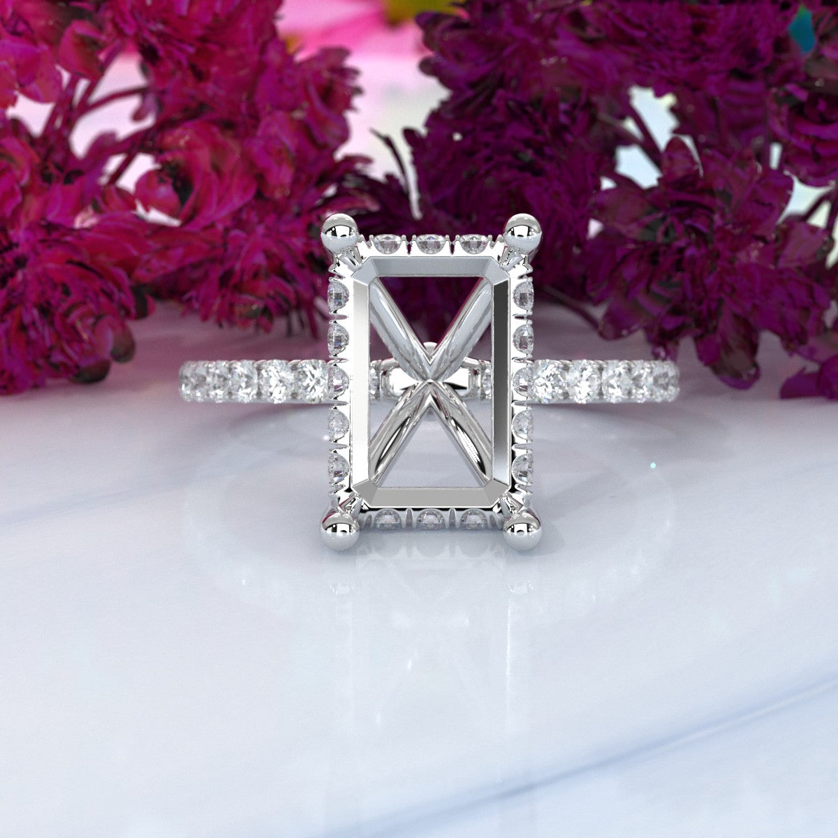 Hidden Halo French U Cut Pave Set Semi Mount Lab Grown Diamond Engagement Ring 0.60Ct.