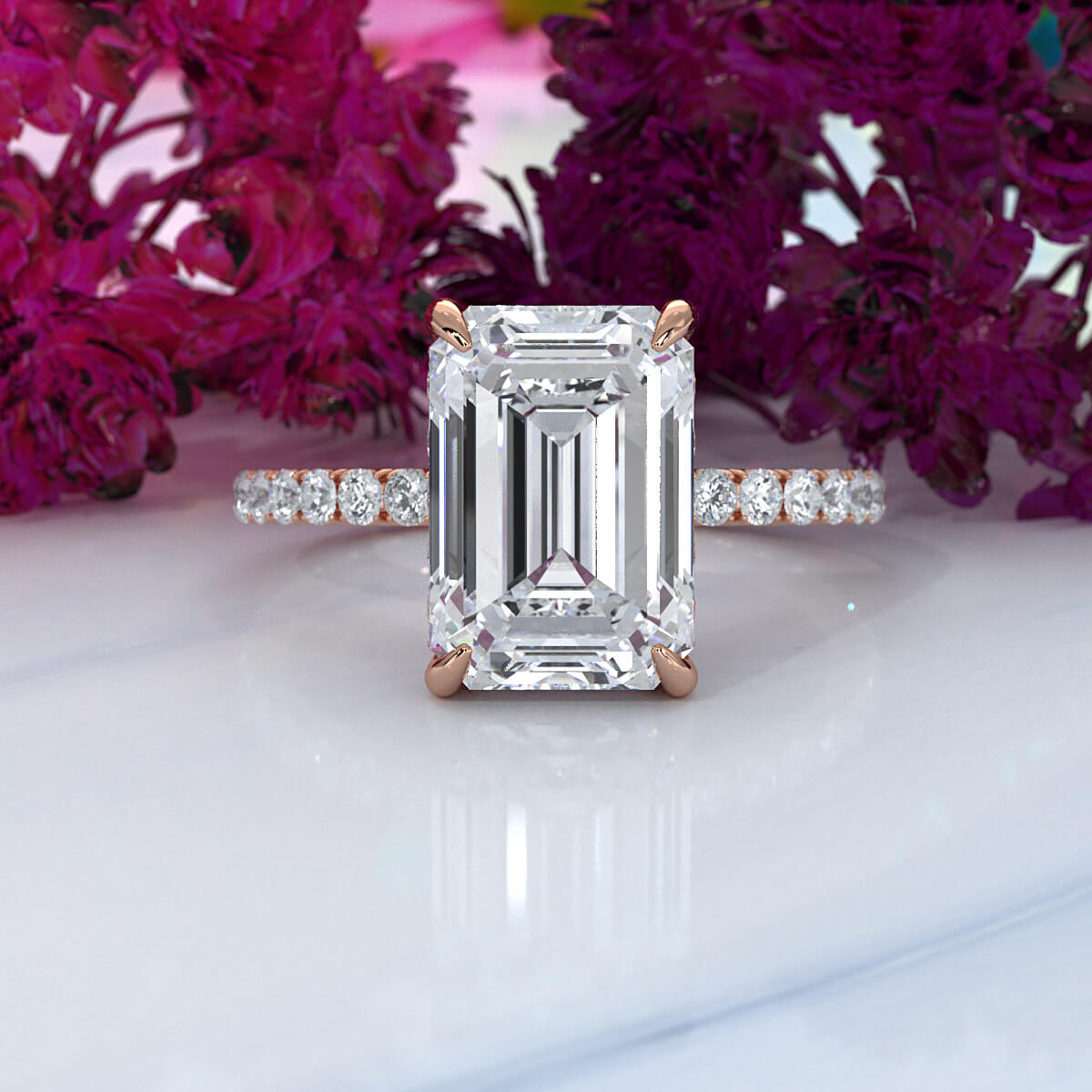 Hidden Halo French U Cut Pave Set Emerald Lab Grown Diamond Engagement Ring