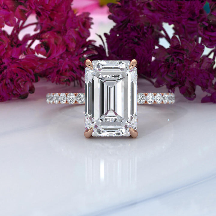 Hidden Halo French U Cut Pave Set Emerald Lab Grown Diamond Engagement Ring