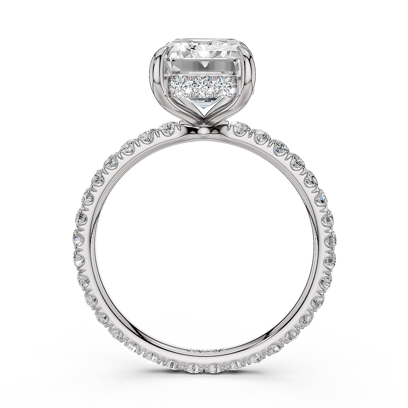 Hidden Halo French U Cut Pave Set Emerald Lab Grown Diamond Engagement Ring