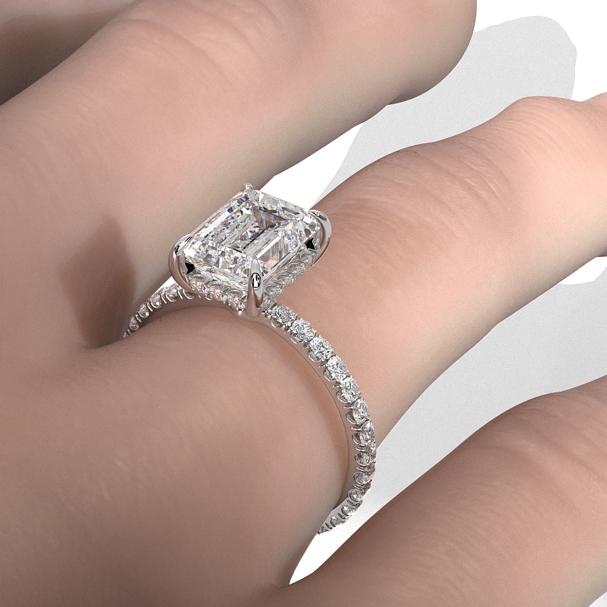 Hidden Halo French U Cut Pave Set Emerald Lab Grown Diamond Engagement Ring