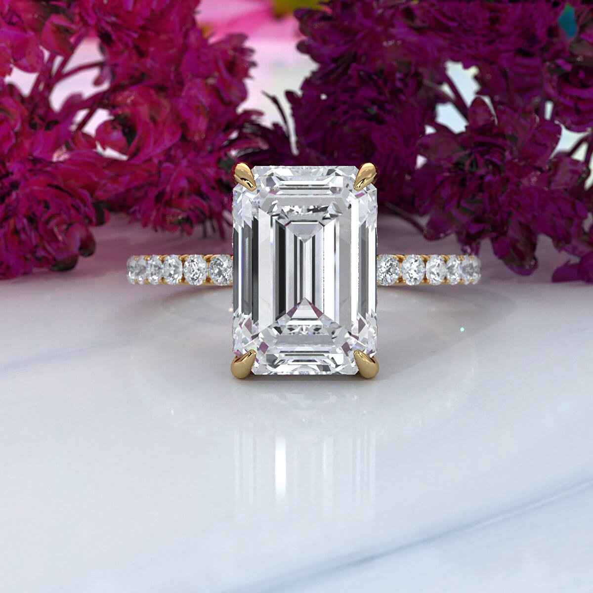 Hidden Halo French U Cut Pave Set Emerald Lab Grown Diamond Engagement Ring