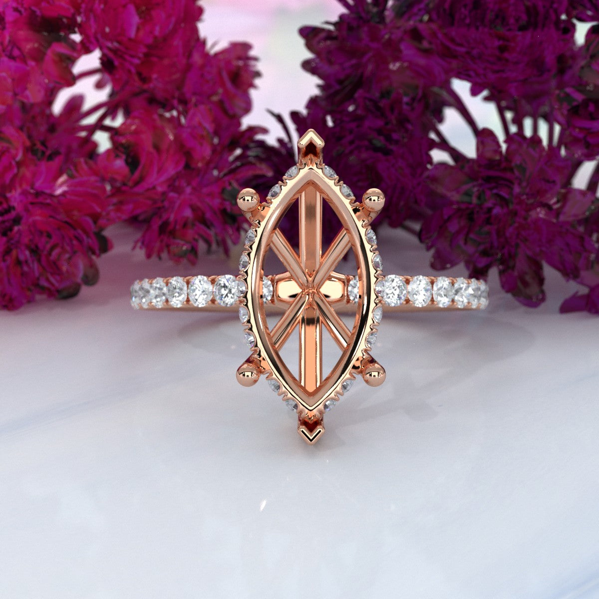 Hidden Halo French U Cut Pave Set Semi Mount Lab Grown Diamond Engagement Ring 0.60Ct.