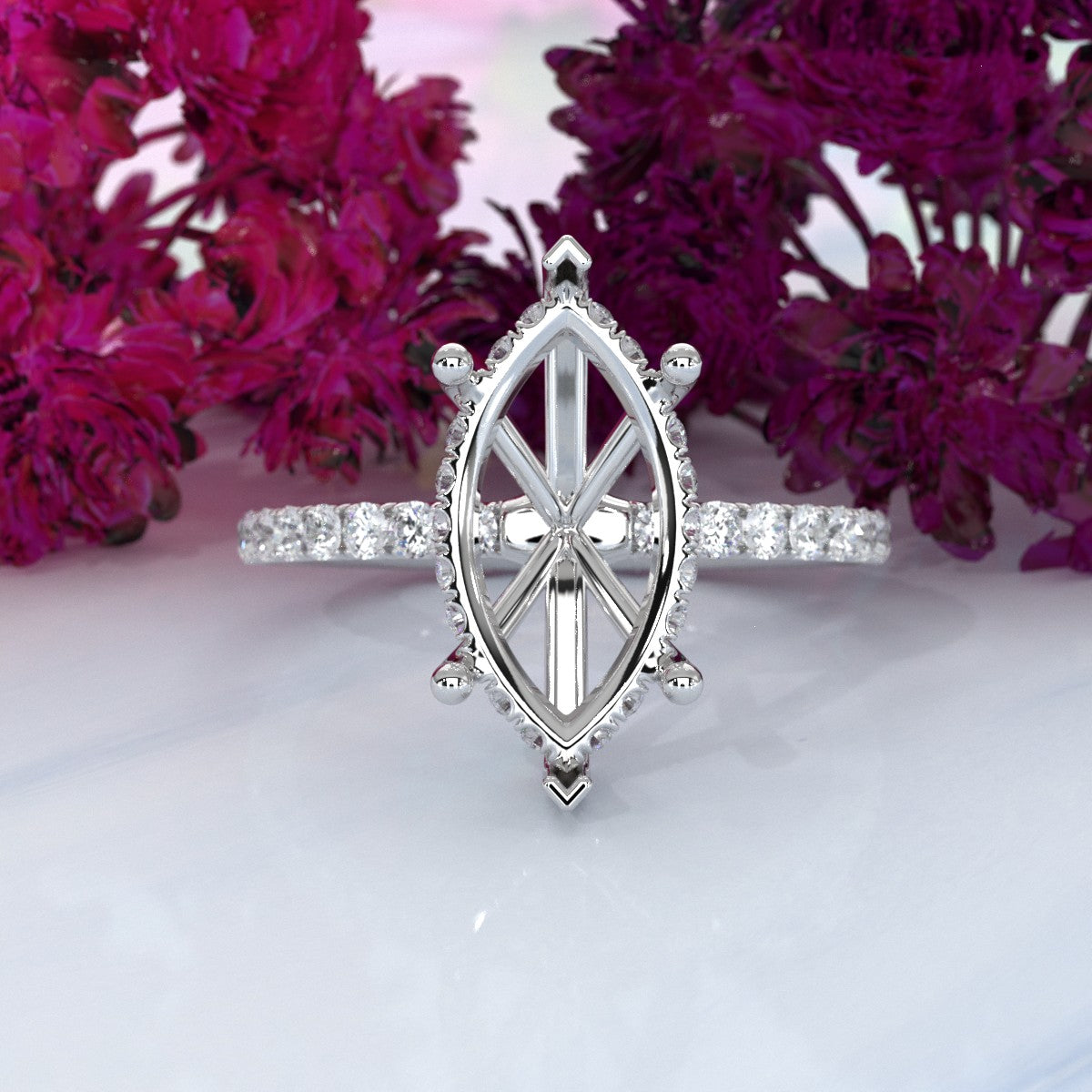 Hidden Halo French U Cut Pave Set Semi Mount Lab Grown Diamond Engagement Ring 0.60Ct.