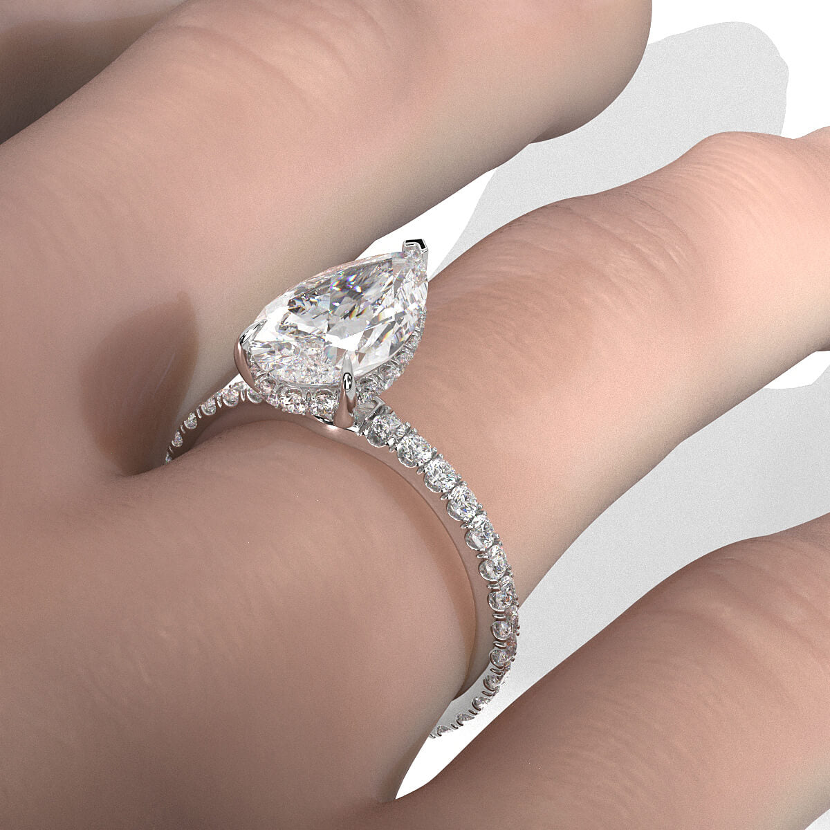 Hidden Halo French U Cut Pave Set Pear Diamond Engagement Ring 14k White Gold