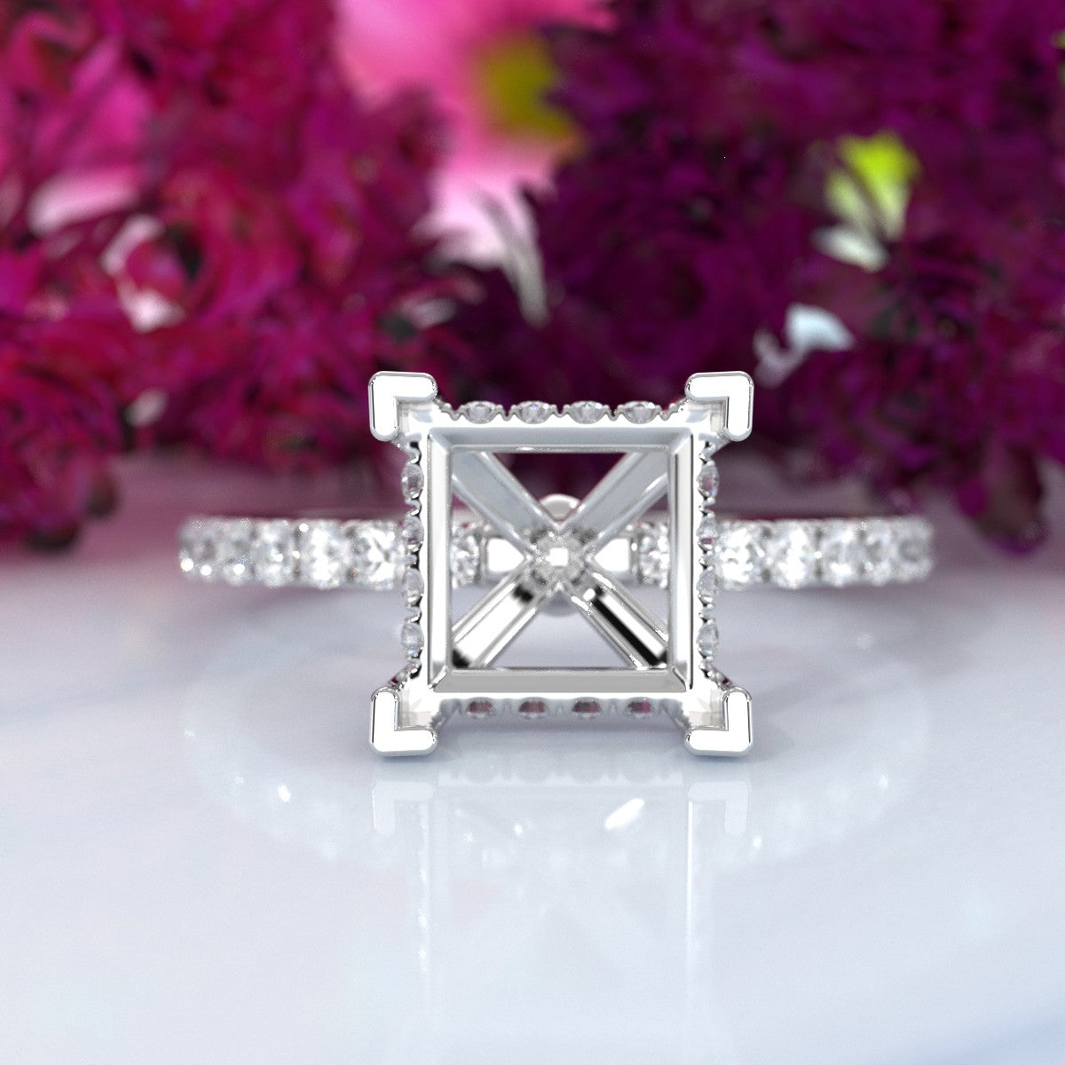 Hidden Halo French U Cut Pave Set Semi Mount Lab Grown Diamond Engagement Ring 0.60Ct.