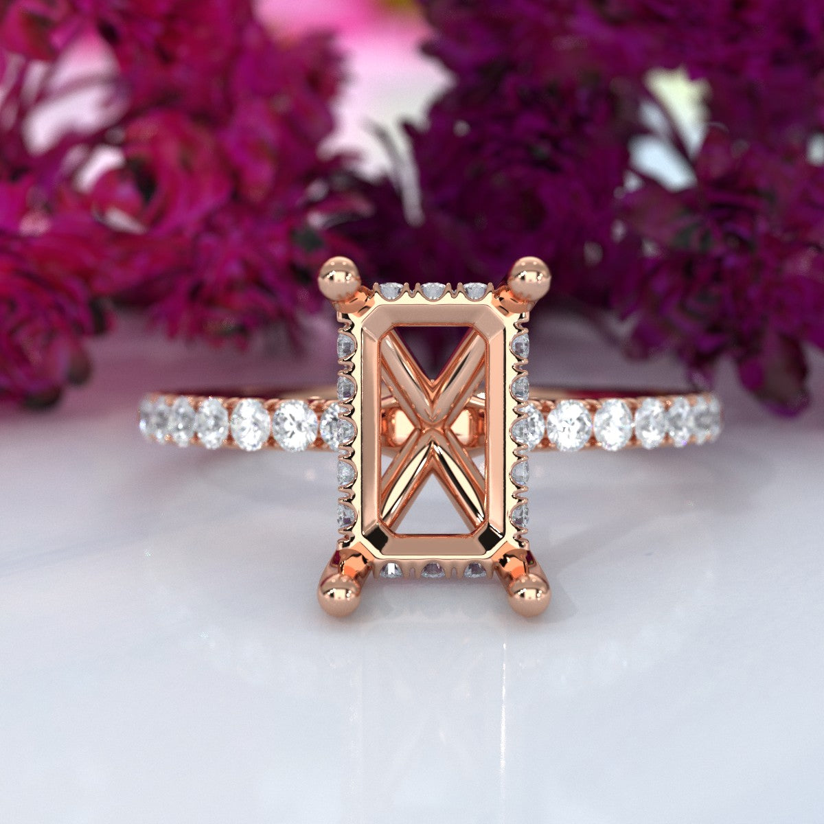 Hidden Halo French U Cut Pave Set Semi Mount Lab Grown Diamond Engagement Ring 0.60Ct.