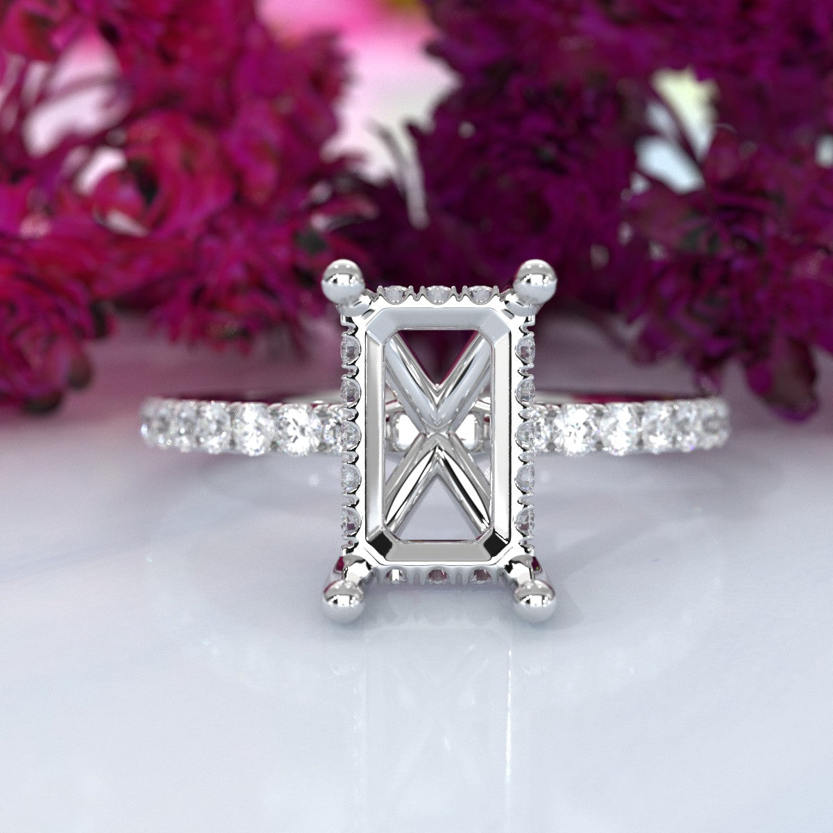 Hidden Halo French U Cut Pave Set Semi Mount Lab Grown Diamond Engagement Ring 0.60Ct.