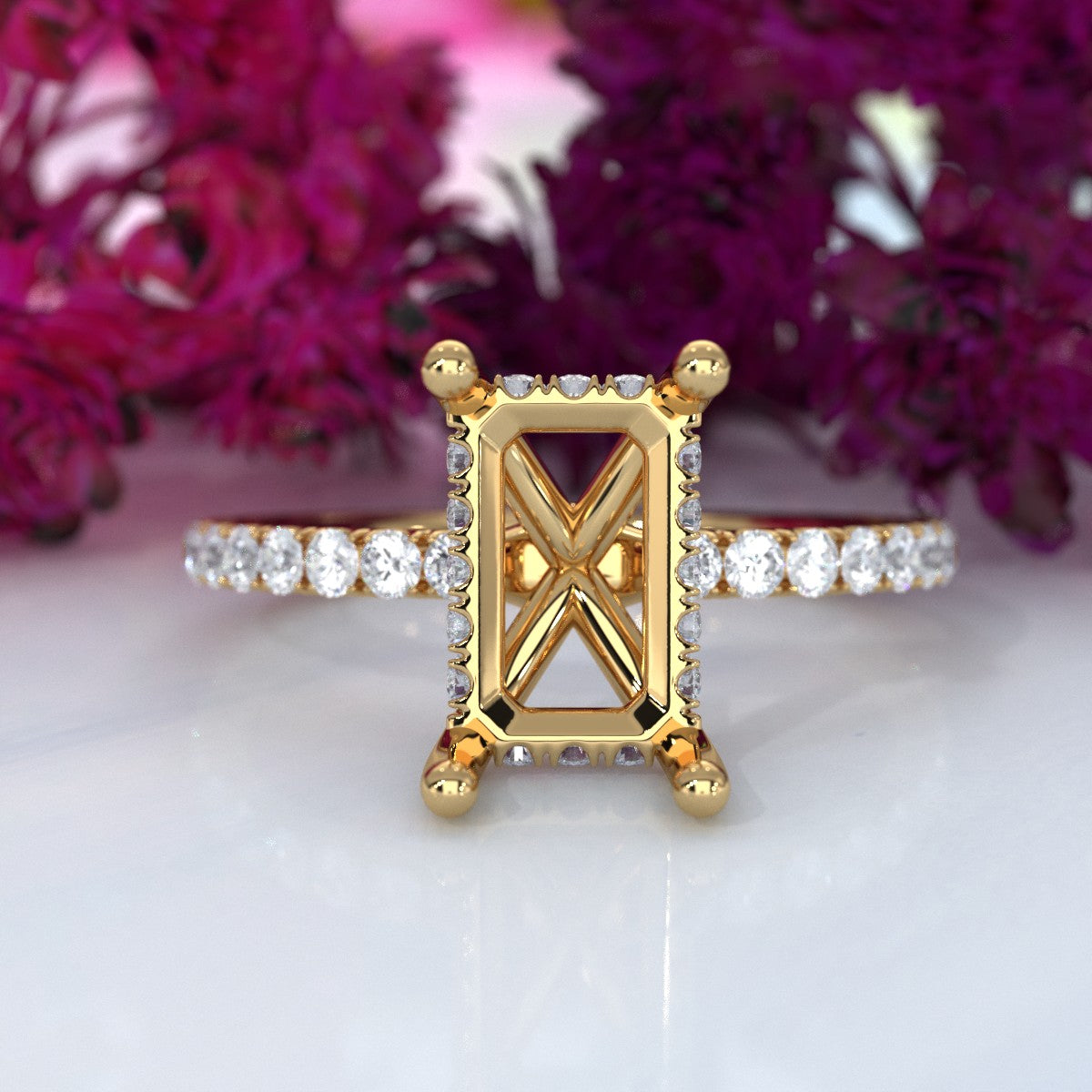 Hidden Halo French U Cut Pave Set Semi Mount Lab Grown Diamond Engagement Ring 0.60Ct.