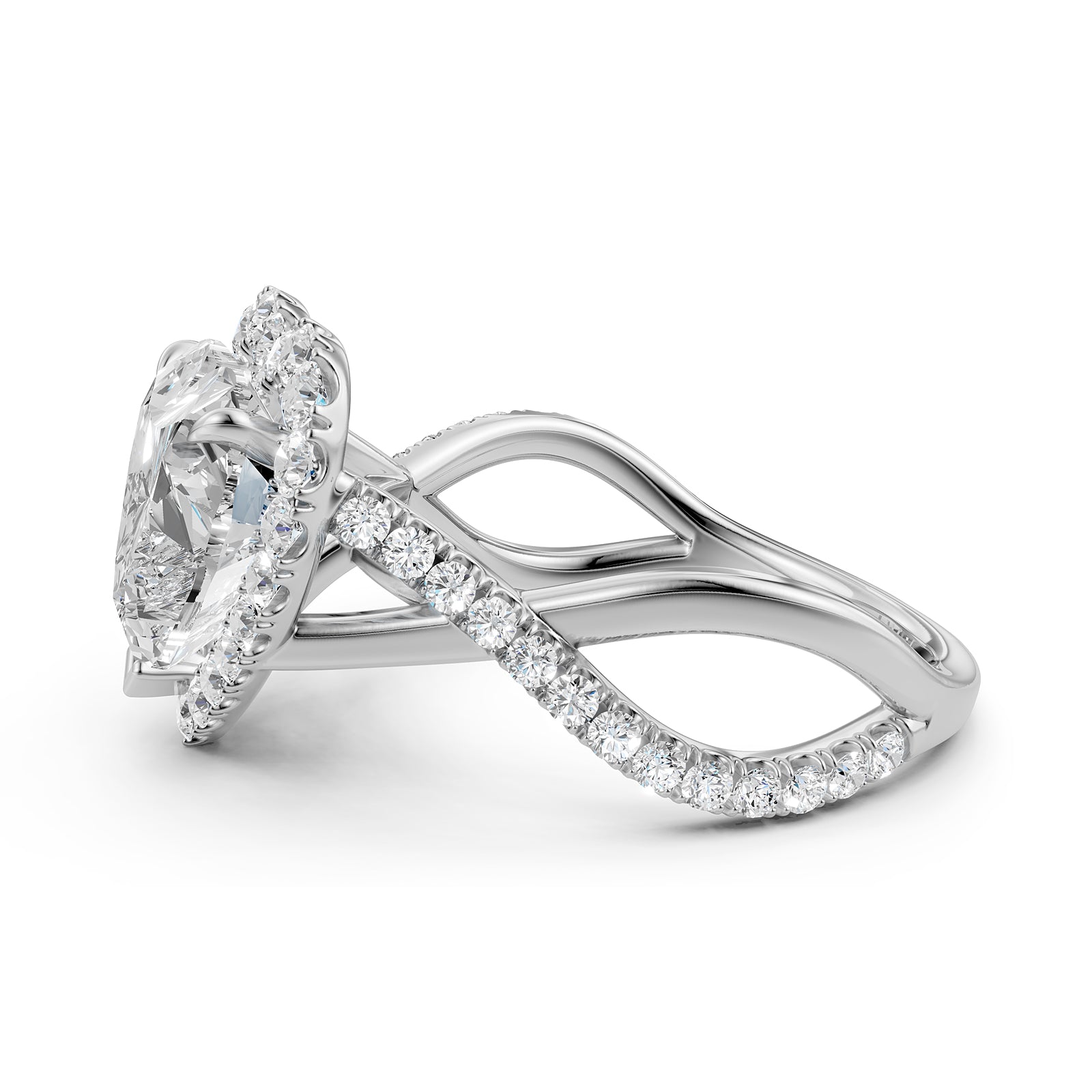 Twisted Halo XOXO Style Heart Diamond Engagement Ring in 14k White Gold