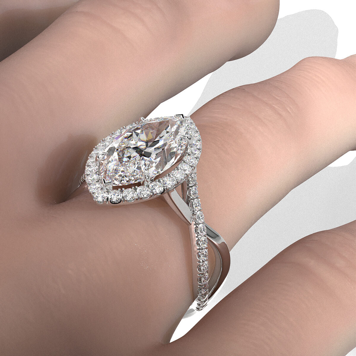 Twisted Halo XOXO Style Marquise Diamond Engagement Ring in 14k White Gold