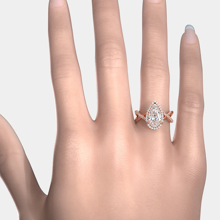 Twisted Halo XOXO Style Pear Diamond Engagement Ring in 14k White Gold