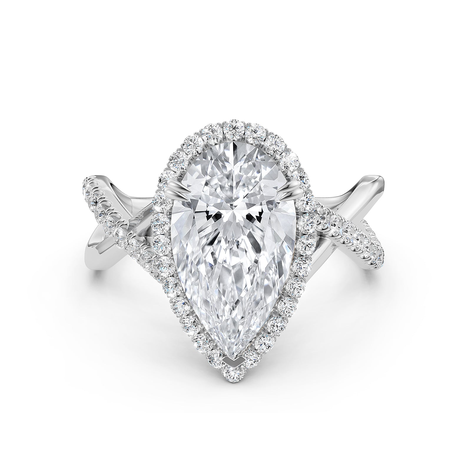 Twisted Halo XOXO Style Pear Diamond Engagement Ring in 14k White Gold