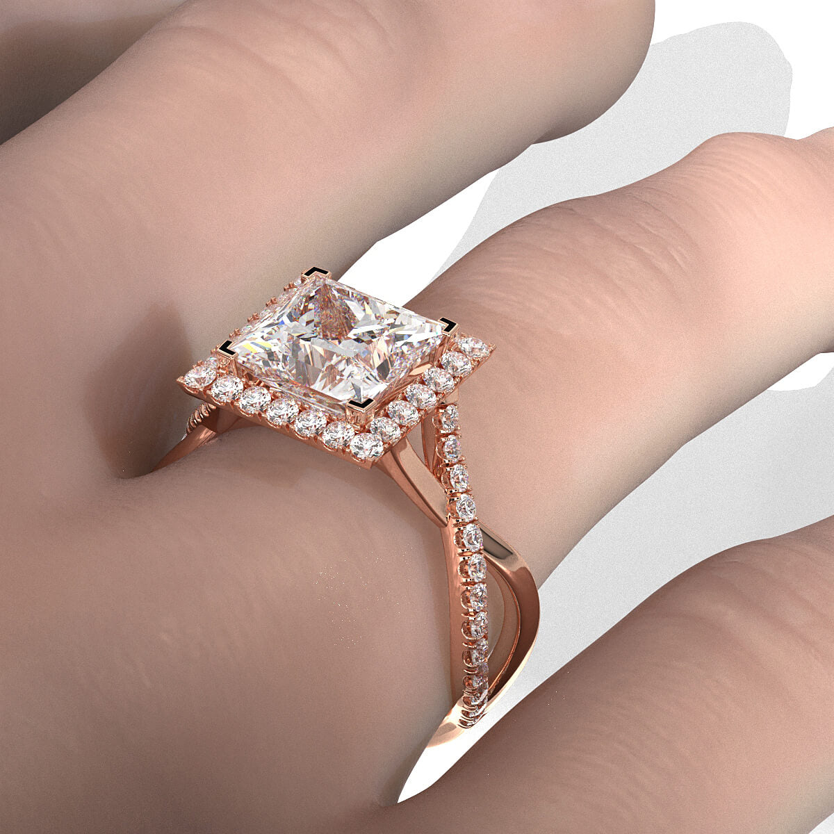 Twisted Halo XOXO Style Princess Diamond Engagement Ring in 14k White Gold