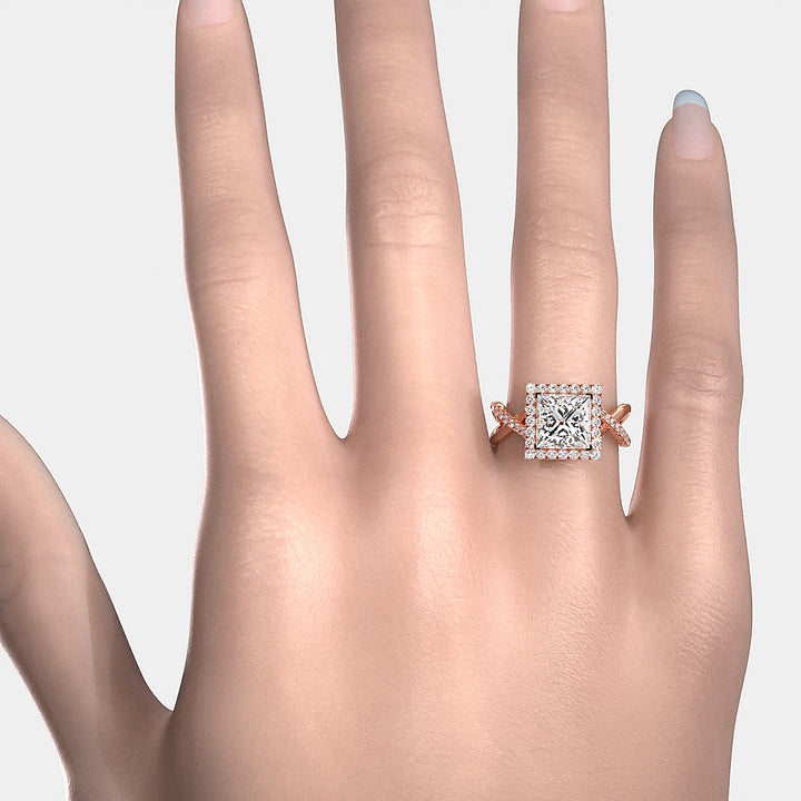 Twisted Halo XOXO Style Princess Diamond Engagement Ring in 14k White Gold
