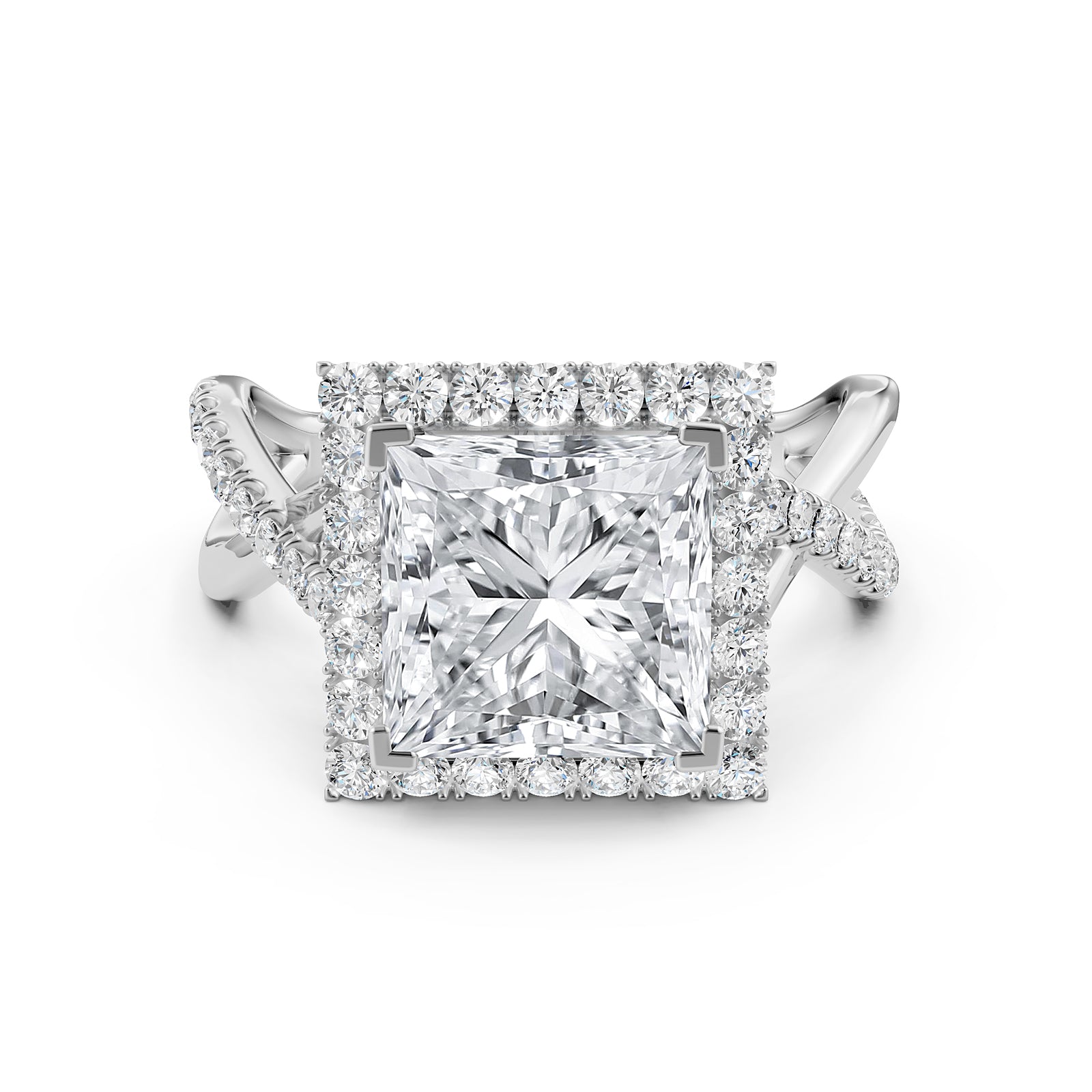 Twisted Halo XOXO Style Princess Diamond Engagement Ring in 14k White Gold