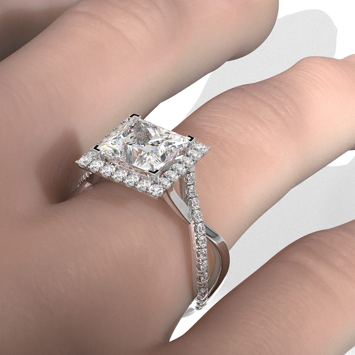 Twisted Halo XOXO Style Princess Diamond Engagement Ring in 14k White Gold