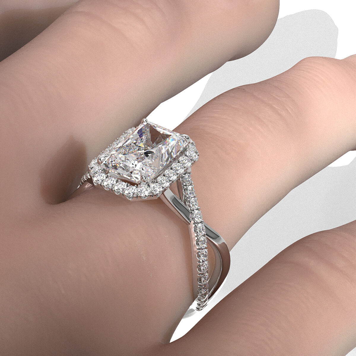 Twisted Halo XOXO Style Radiant Diamond Engagement Ring in 14k White Gold