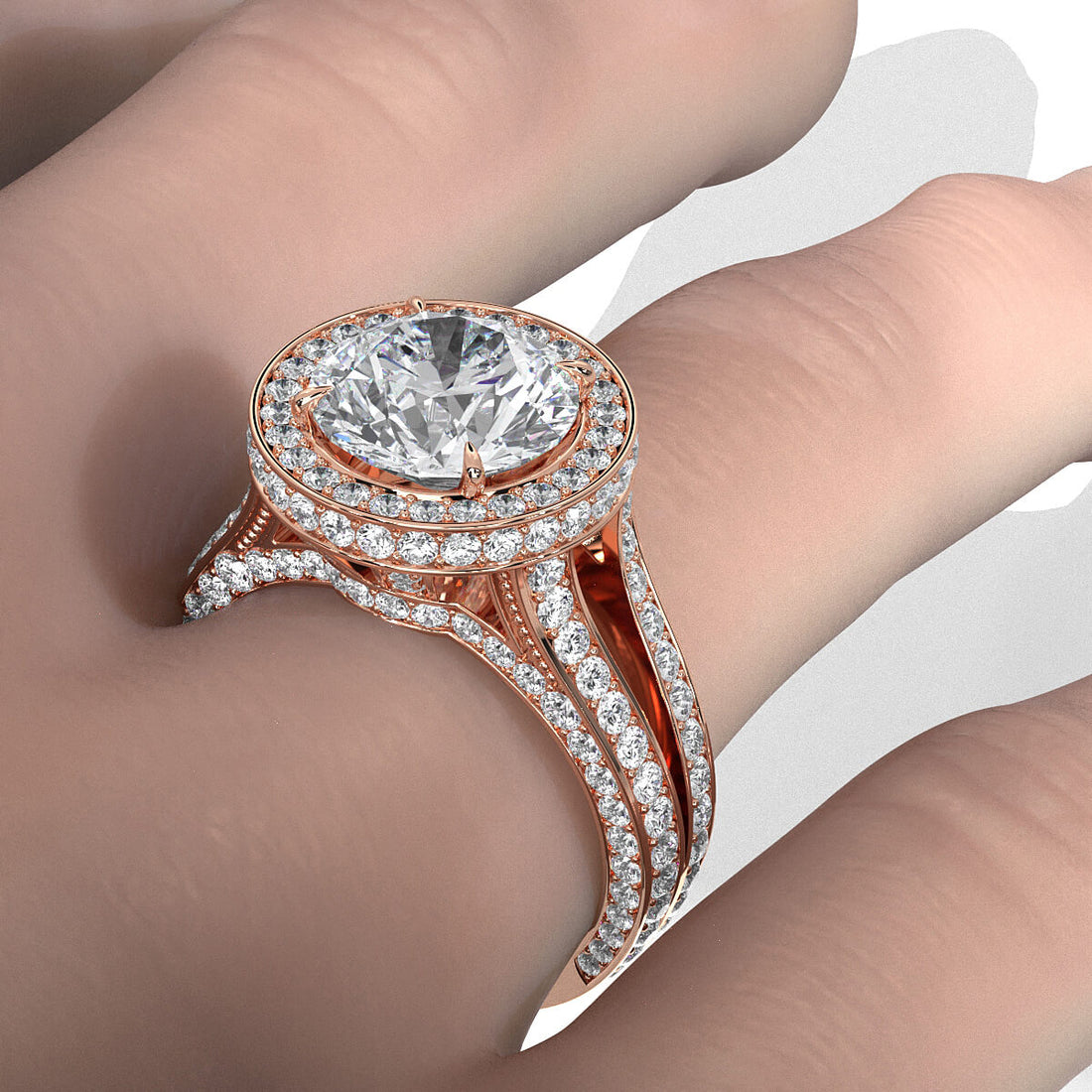 Halo Pave Set Round Lab Grown Diamond Engagement Elegant Ring