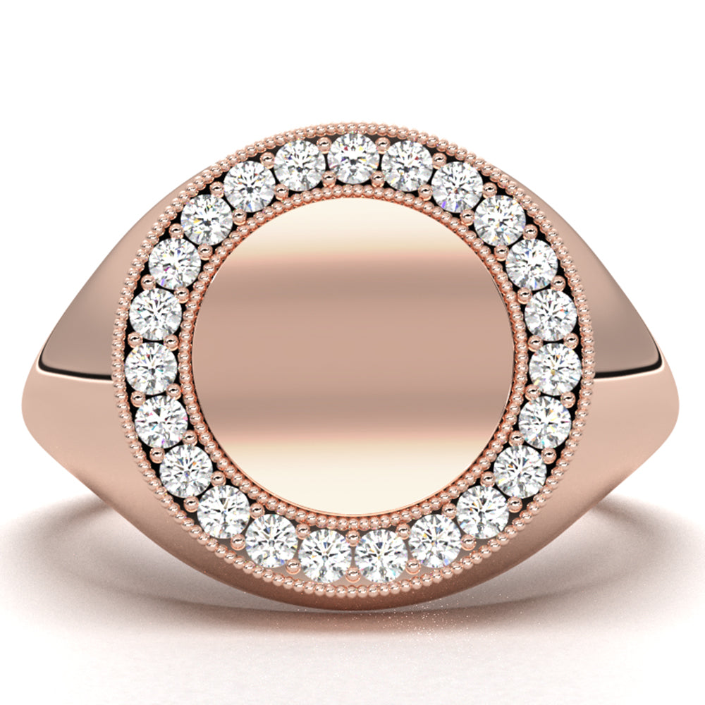 Minimalist Milgrain Signet Round Lab Diamond Fashion Ring 0.26ctw.