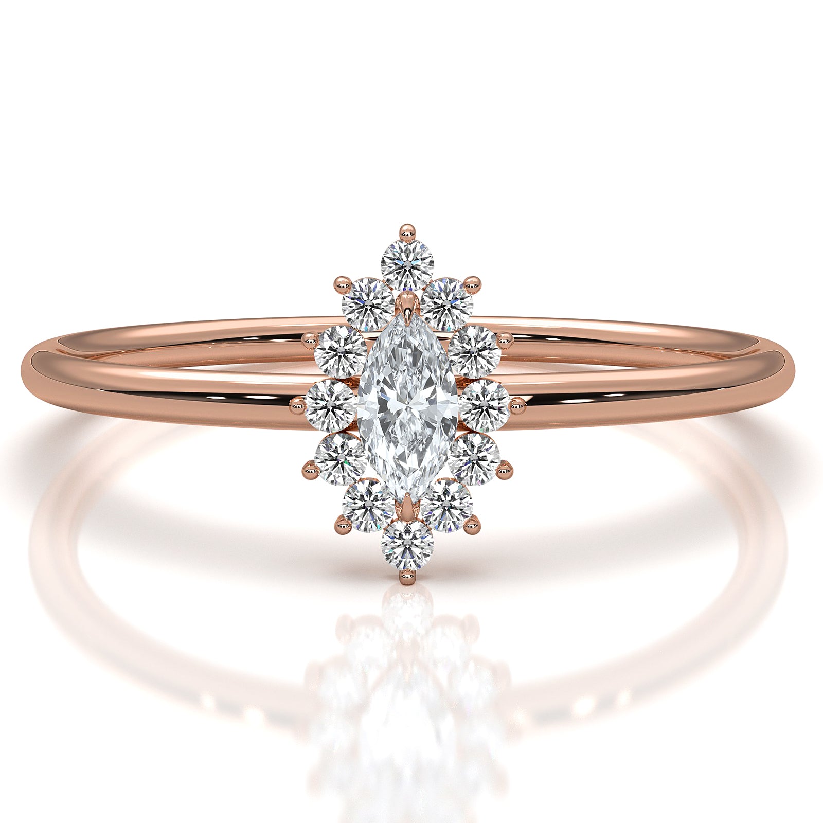 Sunburst Halo Marquise Lab Diamond Minimalist Fashion Ring in 0.16ctw.