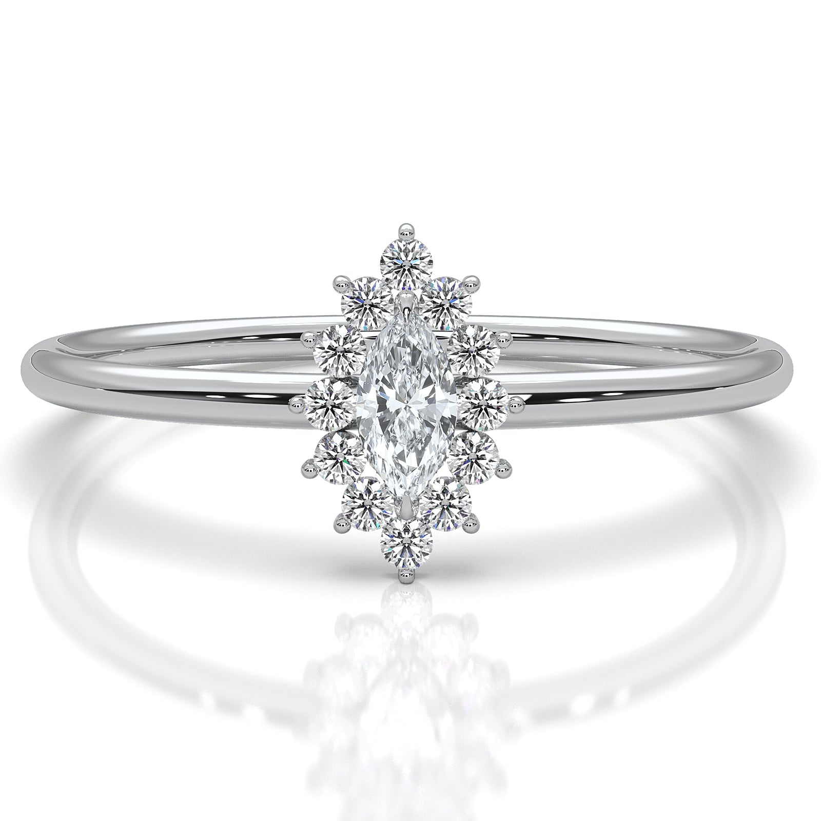 Sunburst Halo Marquise Lab Diamond Minimalist Fashion Ring in 0.16ctw.