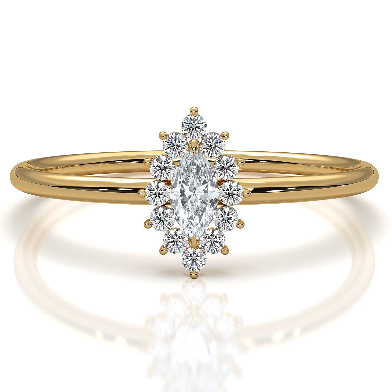 Sunburst Halo Marquise Lab Diamond Minimalist Fashion Ring in 0.16ctw.