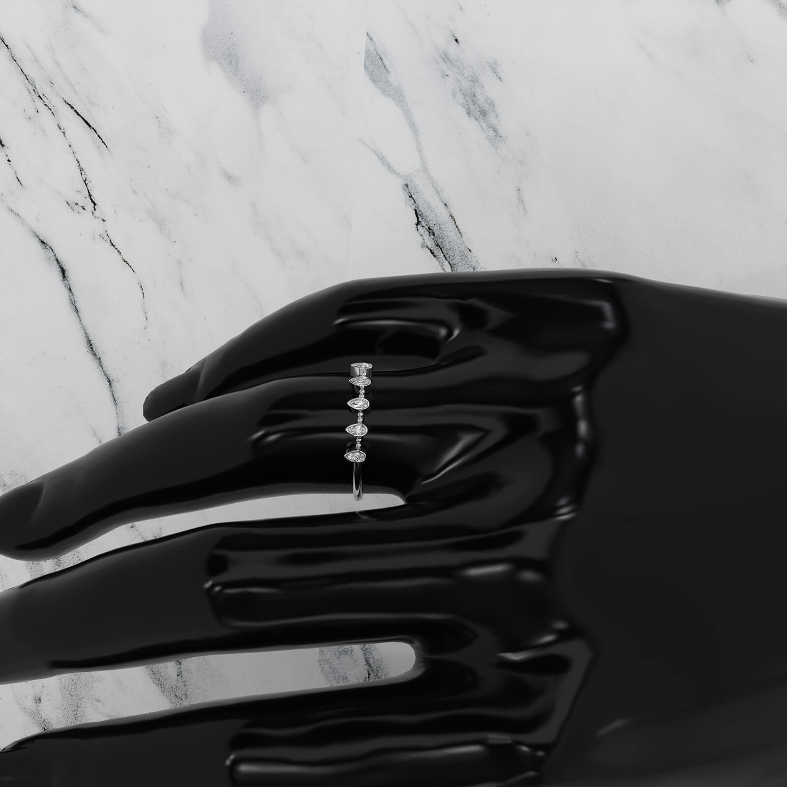 Minimalist 5 Stone Pear Lab Diamond bezel Set Promise Ring 0.08ctw.