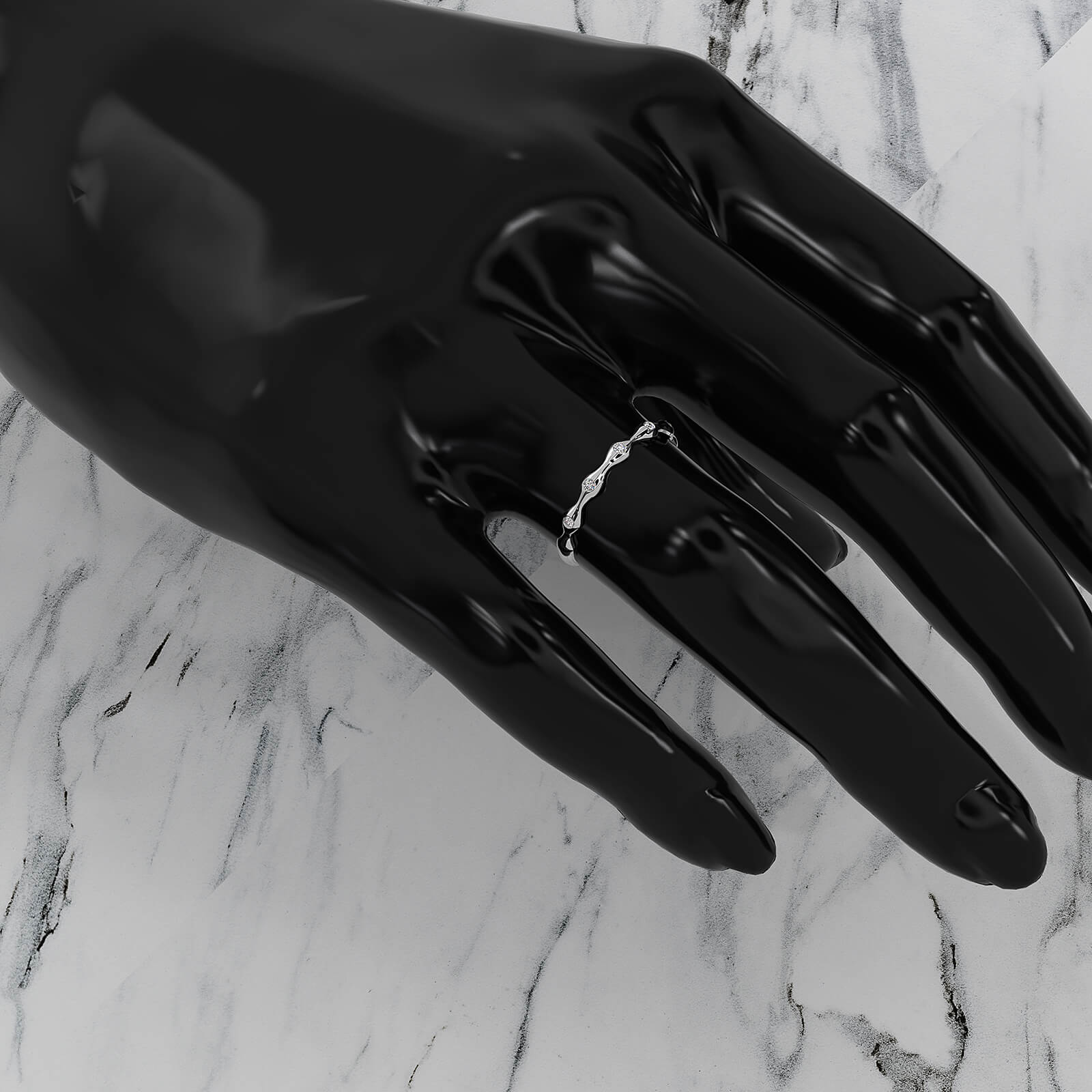 Delicate Bamboo Round Lab Diamond Bezel Set Wedding Ring 0.04ctw.