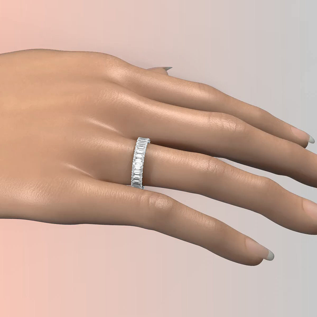 Women's Eternity Emerald Lab Diamond Shared Prong Wedding Band 4 mm 3.2ctw.