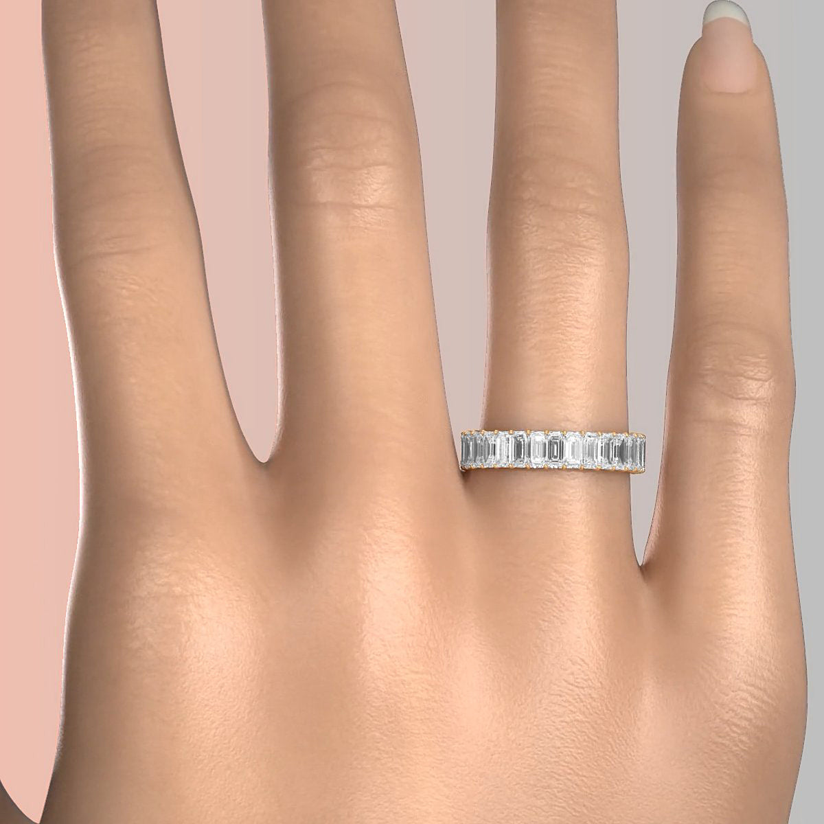 Women's Eternity Emerald Lab Diamond Shared Prong Wedding Band 4 mm 3.2ctw.