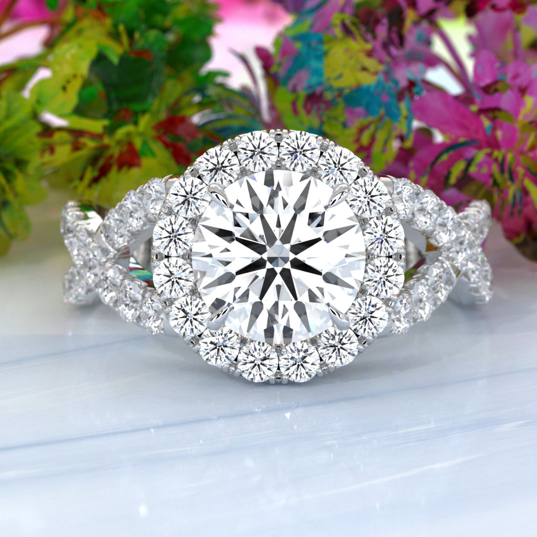 IGI Certified Round Diamond Lab Grown Engagement Ring Halo French U Cut Pave Set 1.90Ctw.