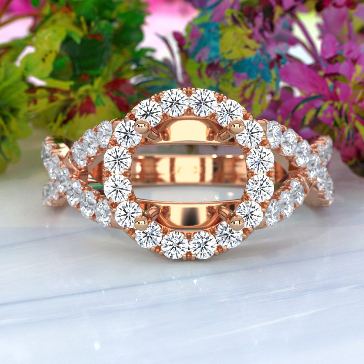 Lab Grown Diamond Engagement Ring Halo French U Cut Pave Setting Round Semi Mount 0.90Ct.