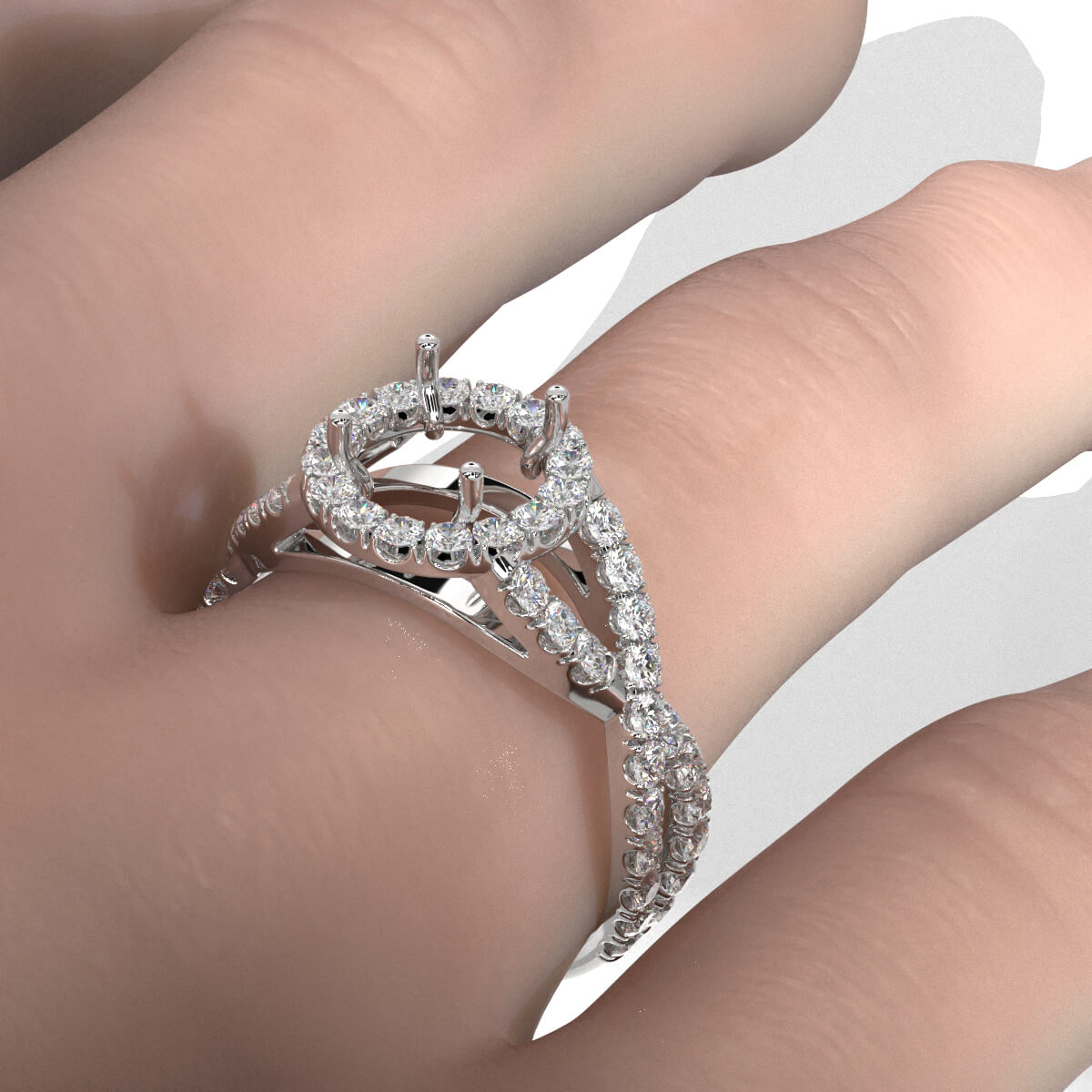 Lab Grown Diamond Engagement Ring Halo French U Cut Pave Setting Round Semi Mount 0.90Ct.