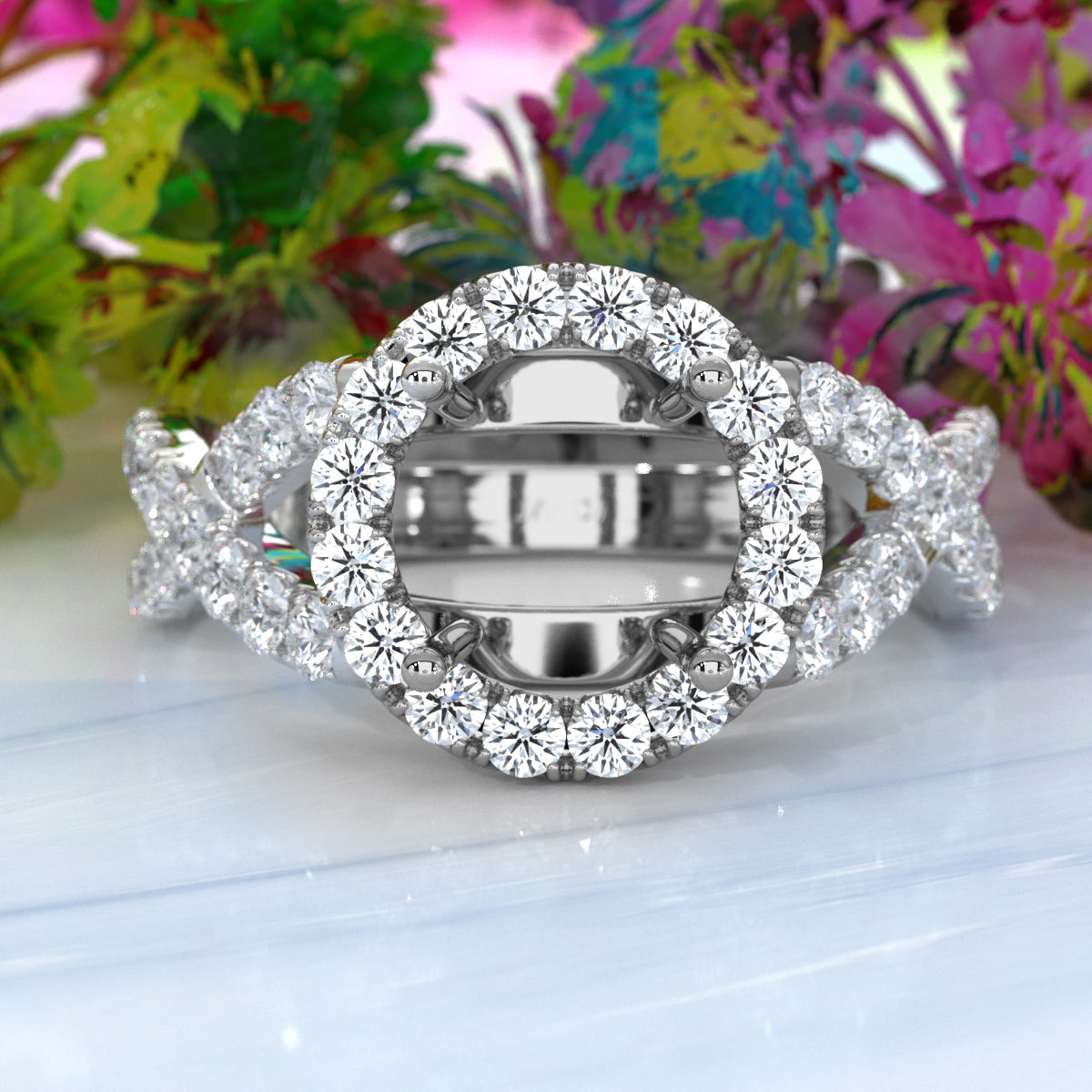 Lab Grown Diamond Engagement Ring Halo French U Cut Pave Setting Round Semi Mount 0.90Ct.