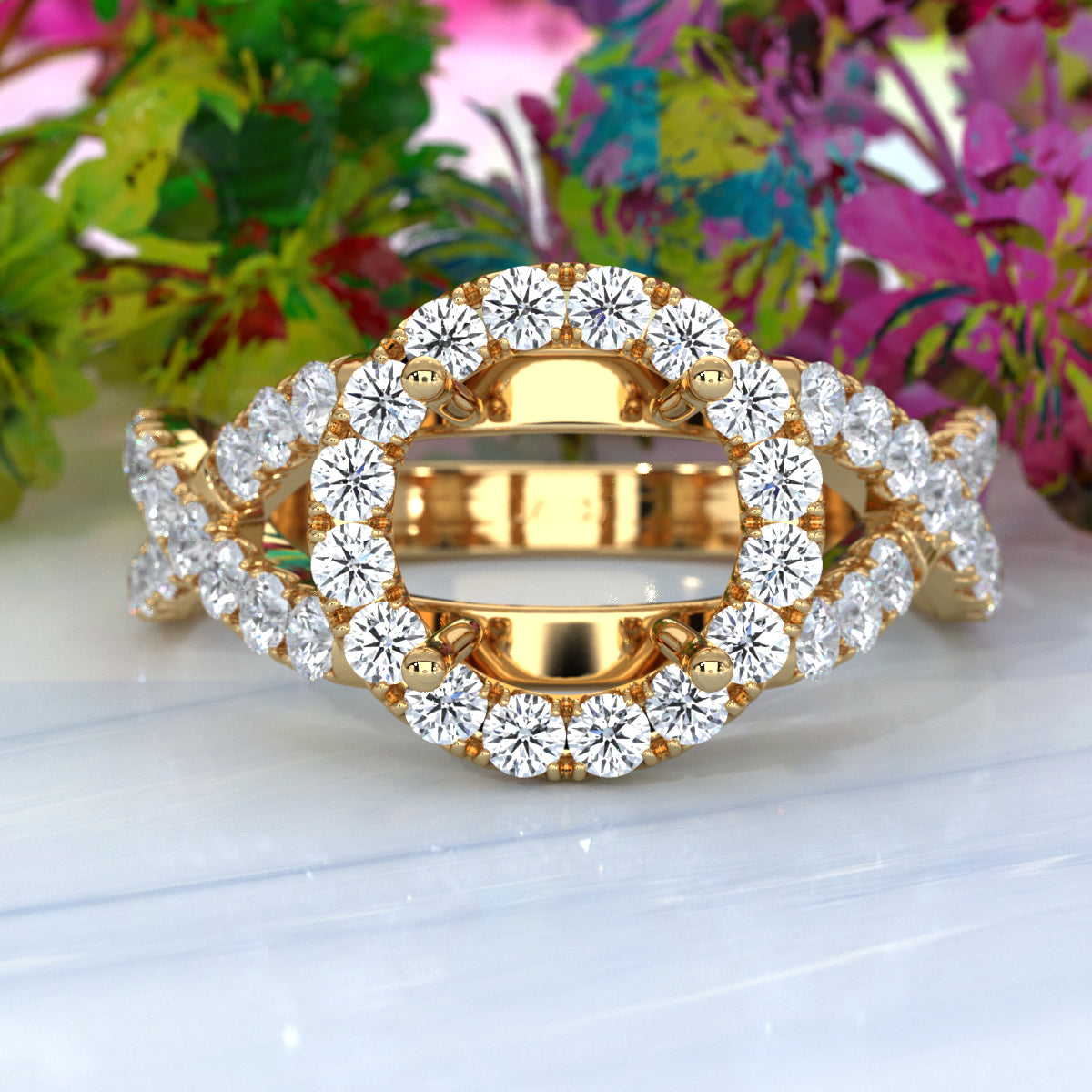 Lab Grown Diamond Engagement Ring Halo French U Cut Pave Setting Round Semi Mount 0.90Ct.