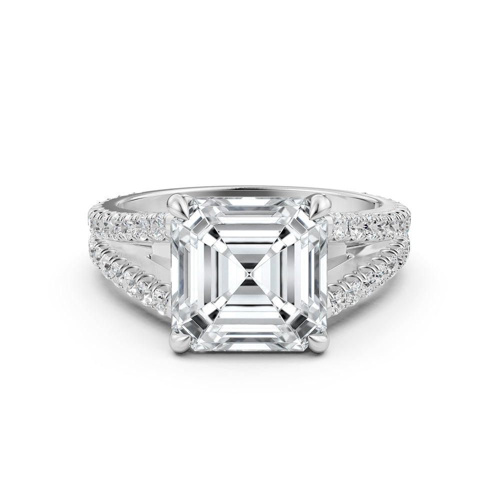 Asscher Split Shank Lab Grown Diamond Engagement French U Pave Set Ring